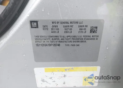 2013 Chevrolet Malibu 1Lt from USA, damaged, VIN 1G11C5SA7DF125748